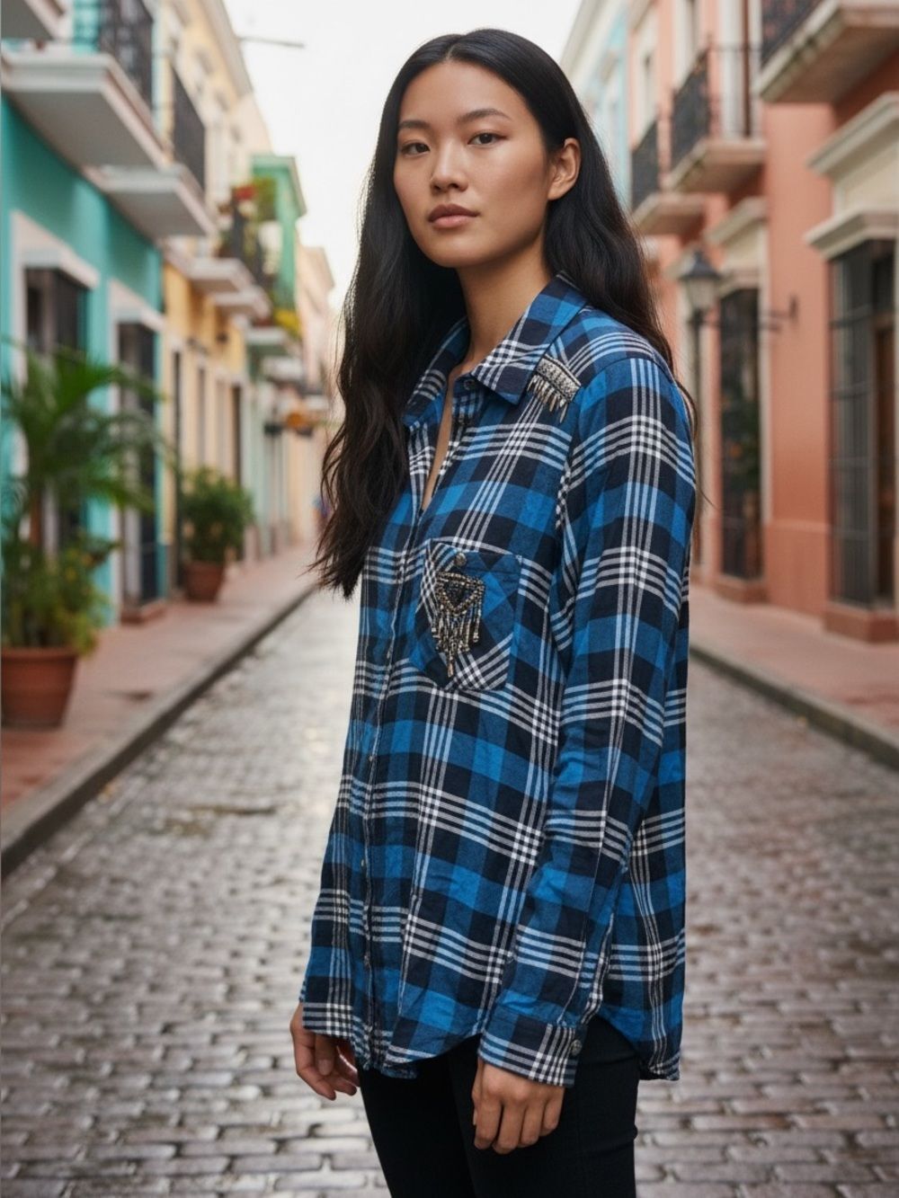 $235 The Kooples Blue Jeweled plaid button down shirt NWT XS